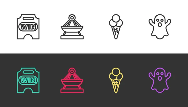 Set line Circus ticket, Boat swing, Ice cream waffle cone and Ghost on black and white. Vector — 图库矢量图片
