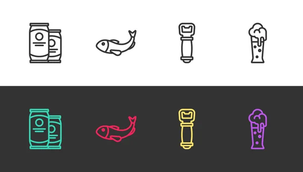 Set line Lata de cerveza, Pescado seco, Abrebotellas y Vaso de cerveza en blanco y negro. Vector — Archivo Imágenes Vectoriales