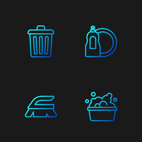 Set line Basin with soap suds, Brush for cleaning, Trash can and Dishwashing liquid bottle. Gradient color icons. Vector — ストックベクタ