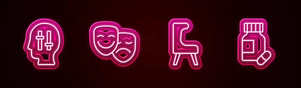 Set line Solution to the problem, Comedy and tragedy masks, Armchair and Sedative pills. Glowing neon icon. Vector — 图库矢量图片