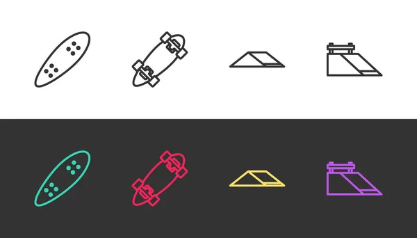 Set line Longboard o skateboard,, Skate park y en blanco y negro. Vector — Archivo Imágenes Vectoriales