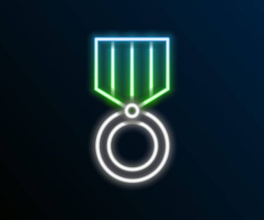 Parlayan neon çizgi simgesi siyah arkaplanda izole edildi. Kazanan başarı işareti. Ödül madalyası. Renkli taslak konsepti. Vektör