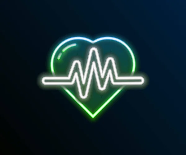 Glowing neon line Heart rate icon isolated on black background. Heartbeat sign. Heart pulse icon. Cardiogram icon. Colorful outline concept. Vector — Stock Vector