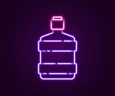 Parlayan neon hattı. Siyah zemin üzerinde temiz su ikonu olan büyük şişe. Soğutucu için plastik kap. Renkli taslak konsepti. Vektör