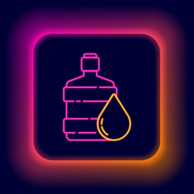 Parlayan neon hattı. Siyah zemin üzerinde temiz su ikonu olan büyük şişe. Soğutucu için plastik kap. Renkli taslak konsepti. Vektör