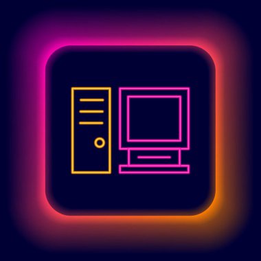 Parlayan neon hattı bilgisayar monitörü simgesi siyah arkaplanda izole edildi. Bilgisayar bileşeni işareti. Renkli taslak konsepti. Vektör