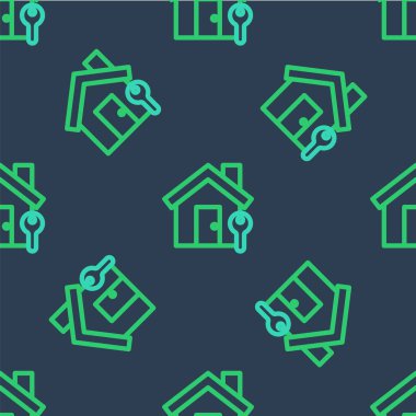 Anahtar simgesine sahip Satır Evi mavi arkaplandaki kusursuz deseni izole etti. Ev anahtarının konsepti. Vektör