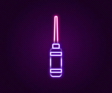 Siyah arkaplanda ahşap saplı parlayan neon hattı Awl aracı. İş gereçleri terzi endüstrisi. Renkli taslak konsepti. Vektör