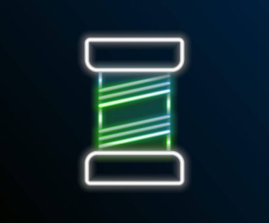 Parlayan neon çizgisi, siyah arkaplanda izole edilmiş makara simgesine iplik dikmek. İplik makarası. İplik kutusu. Renkli taslak konsepti. Vektör