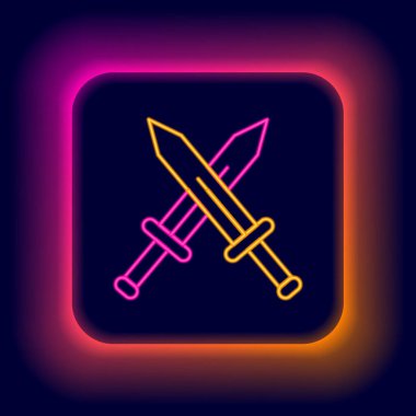 Parlayan neon hattı siyah arka planda izole edilmiş ortaçağ kılıç simgesini geçti. Ortaçağ silahı. Renkli taslak konsepti. Vektör