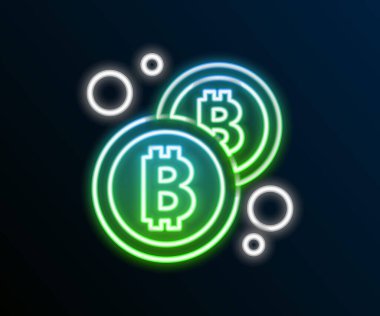 Parlayan neon hattı Kripto para birimi simgesi Bitcoin siyah arka planda izole edildi. Madeni para. Engelleme zinciri tabanlı şifreli para birimi. Renkli taslak konsepti. Vektör
