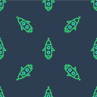 Roket çizgisi simgesi mavi arka planda izole edilmiş. Uzay yolculuğu. Vektör