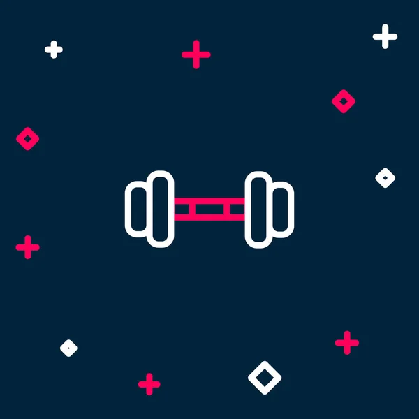Line Dumbbell icono aislado sobre fondo azul. Icono de levantamiento muscular, barra de fitness, gimnasio, equipo deportivo, bumbbell ejercicio. Concepto de esquema colorido. Vector — Vector de stock