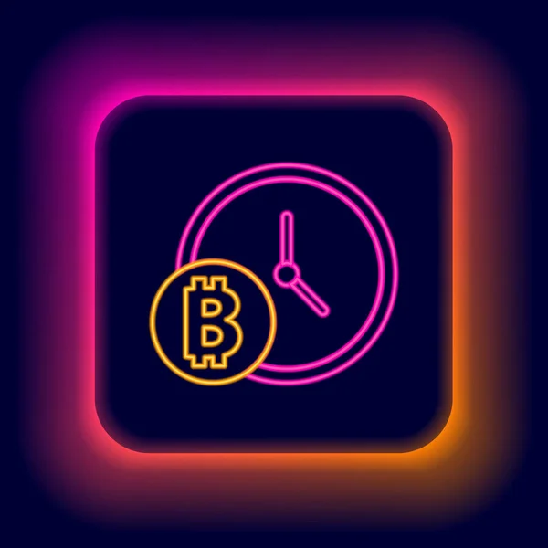 Leuchtende Leuchtschrift Kryptowährungsmünze Bitcoin mit Uhrensymbol isoliert auf schwarzem Hintergrund. Physische Bitcoin. Blockchain-basierte sichere Kryptowährung. Buntes Rahmenkonzept. Vektor — Stockvektor