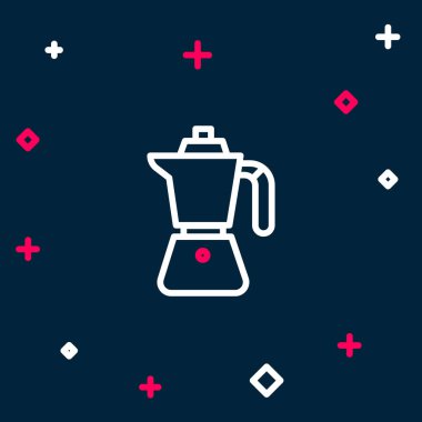 Çizgi kahve makinesi moca pot ikonu mavi arka planda izole edildi. Renkli taslak konsepti. Vektör