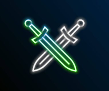 Parlayan neon hattı siyah arka planda izole edilmiş ortaçağ kılıç simgesini geçti. Ortaçağ silahı. Renkli taslak konsepti. Vektör