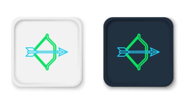 Beyaz arka planda izole edilmiş çizgi ortaçağ yayı ve ok ikonu. Ortaçağ silahı. Renkli taslak konsepti. Vektör