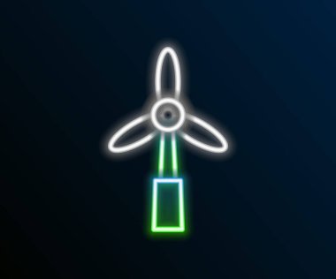 Parlayan neon hattı rüzgar türbini simgesi siyah arkaplanda izole edildi. Rüzgar jeneratörü işareti. Elektrik üretimi için yel değirmeni. Renkli taslak konsepti. Vektör