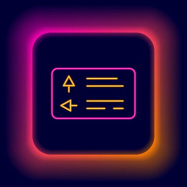 Parlayan neon hat trafik levhası. Siyah arkaplanda sinyal simgesi izole edildi. İşaretçi sembolü. Sokak bilgi tabelası. Yön tabelası. Renkli taslak konsepti. Vektör