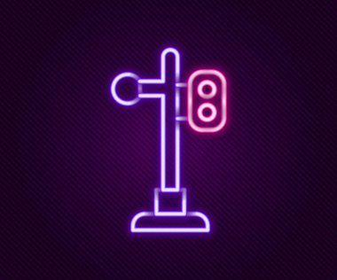 Parlayan neon hattı trafik ışığı simgesi siyah arkaplanda izole edildi. Trenlerin hareketlerini düzenlemek için demiryolu için trafik ışıkları. Renkli taslak konsepti. Vektör