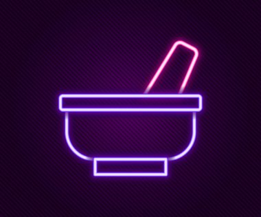 Parlayan neon hattı havan ve tokmak simgesi siyah arkaplanda izole edildi. Renkli taslak konsepti. Vektör