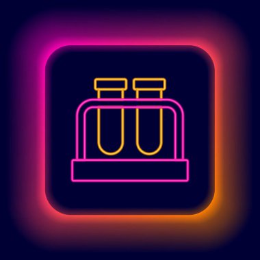 Parlayan neon hattı test tüpü ve kimyasal test ikonu siyah arkaplanda izole edildi. Laboratuvar cam levhası. Renkli taslak konsepti. Vektör