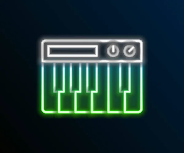 Gloeiende neon lijn Muziek synthesizer pictogram geïsoleerd op zwarte achtergrond. Elektronische piano. Kleurrijk concept. Vector — Stockvector