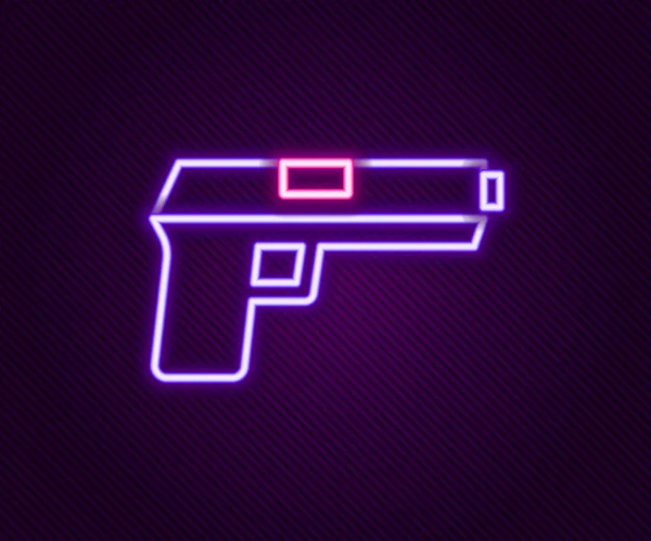 Glowing neon line Pistol or gun icon isolated on black background. Police or military handgun. Small firearm. Colorful outline concept. Vector — Stock Vector