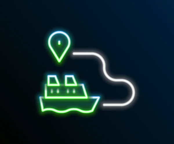 Świecąca neonowa linia Ścieżka linii statku trasa morska z punktem początkowym GPS i ikoną czarnej linii odizolowana na czarnym tle. Kolorowy koncept. Wektor — Wektor stockowy
