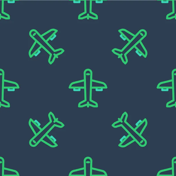 Ícone de linha plano isolado padrão sem costura no fundo azul. Ícone de avião voador. Sinal de avião. Vetor — Vetor de Stock