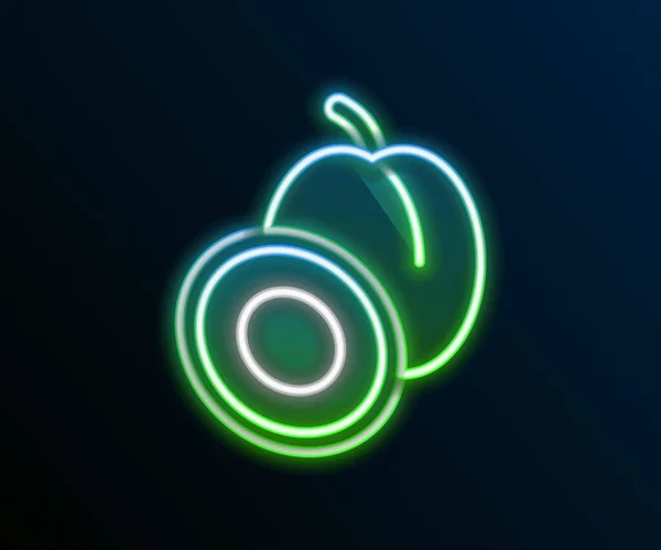 Línea de neón brillante Icono de fruta de ciruela aislado sobre fondo negro. Concepto de esquema colorido. Vector — Vector de stock