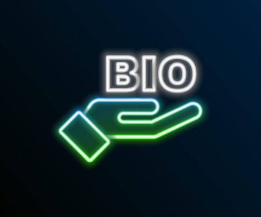 Parlayan neon hattı biyoyeşil sağlıklı yiyecek simgesi siyah arkaplanda izole edildi. Organik ürün. Sağlıklı yemek etiketi. Renkli taslak konsepti. Vektör