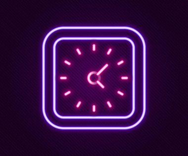 Parlayan neon çizgi saat simgesi siyah arkaplanda izole edildi. Zaman sembolü. Renkli taslak konsepti. Vektör