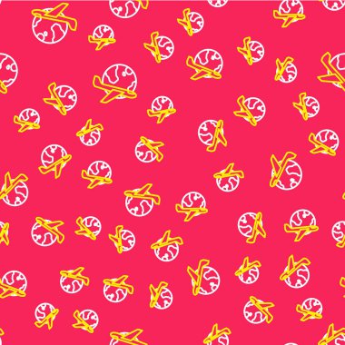 Uçan uçak ikonuna sahip Line Globe kırmızı arka planda izole edilmiş pürüzsüz desen. Uçak Dünya 'nın etrafında uçuyor. Uçak dünyası ikonu. Vektör