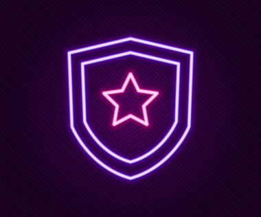 Parlayan neon hattı polis rozeti ikonu siyah arka planda izole edildi. Şerif rozeti. Renkli taslak konsepti. Vektör