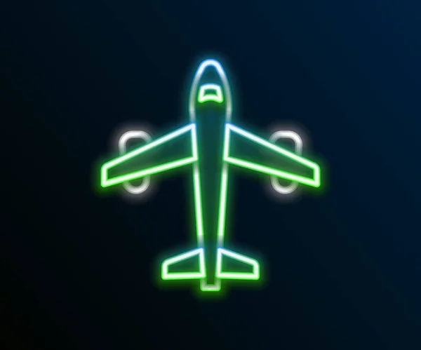 Linea al neon luminosa Icona del piano isolata su sfondo nero. Icona dell'aereo volante. Segnaletica aerea. Concetto di contorno colorato. Vettore — Vettoriale Stock