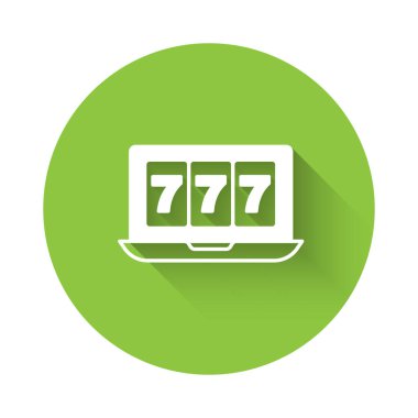 Şanslı yedili büyük ikramiye ikonu uzun gölgeli White Online slot makinesi. İnternetteki kumarhane. Yeşil daire düğmesi. Vektör