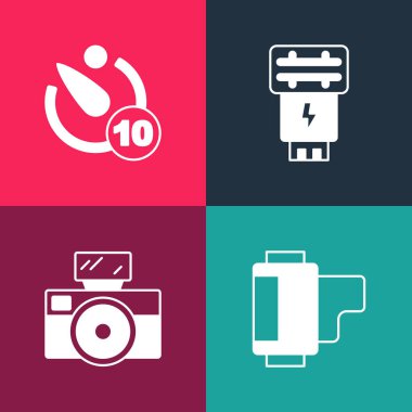 Pop sanat kamerası rulo kartuşu, flaşlı fotoğraf makinesi ve zamanlayıcı simgesini ayarla. Vektör