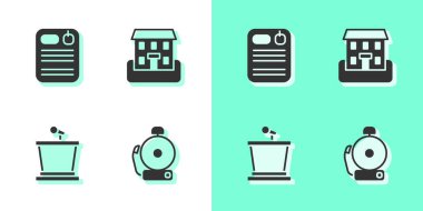 Alarm zilini, dosya klasörünü, sahne standını ve okul binası simgesini ayarla. Vektör