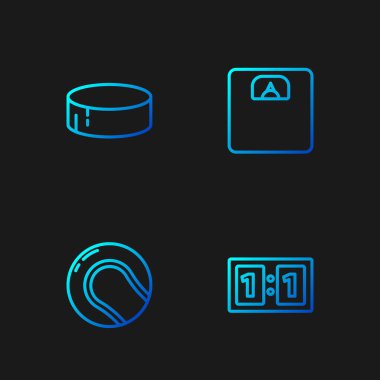 Sport mekanik skorbordu, beysbol topu, hokey diski ve banyo terazileri. Renk simgeleri. Vektör