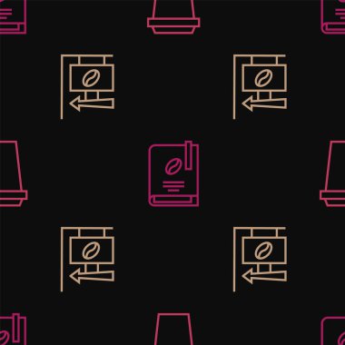 Çizgi kahve fincanını paket yap, sokak tabelası kahvesi ve kusursuz desenli kitap. Vektör