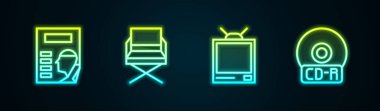 Set hattı Cinema posteri, yönetmen koltuğu, Retro TV ve CD DVD diski. Parlayan neon ikonu. Vektör