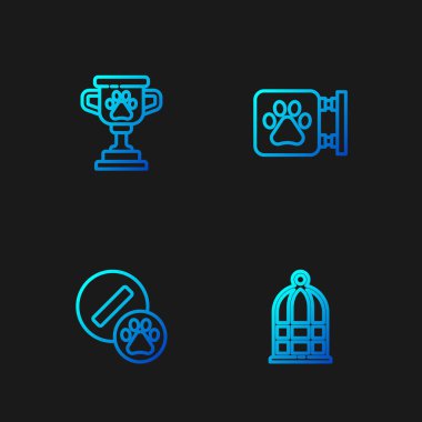 Kuşlar, köpek hapları, evcil hayvan ödülleri ve veteriner klinikleri için sıra oluşturun. Renk simgeleri. Vektör