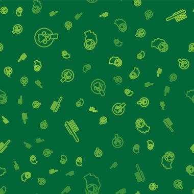 Yakasına isim etiketi takın, evcil hayvan şişesi, tıbbi hayvan ayak izleri ve kusursuz desenler. Vektör