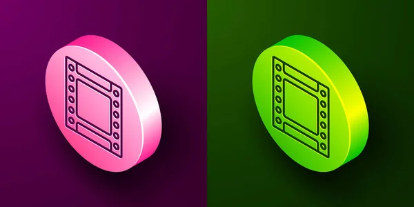 Isometric line Camera vintage film roll cartridge icon isolated on purple and green background. 35mm film canister. Filmstrip photographer equipment. Circle button. Vector — Stock Vector