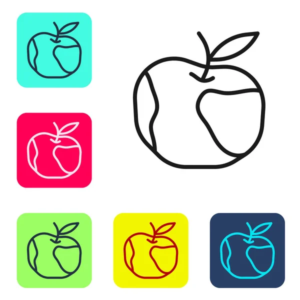 Schwarze Linie Apple-Symbol isoliert auf weißem Hintergrund. Übergewicht. Gesunde Ernährung. Fitness-Diät. Setzen Sie Symbole in farbigen quadratischen Tasten. Vektor — Stockvektor