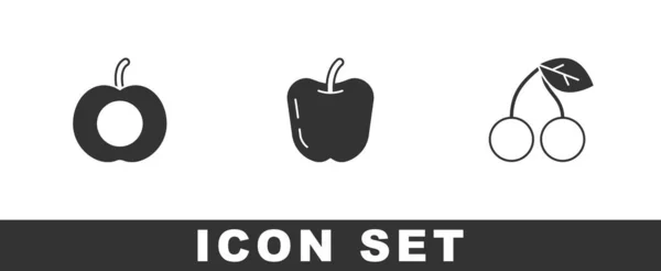 Set Fruits de pêche, pomme et cerise icône. Vecteur — Image vectorielle