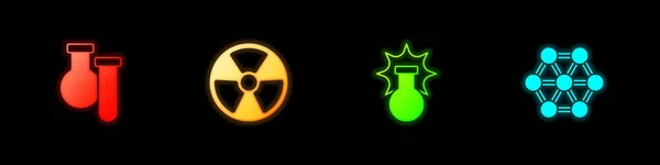 Set Tubo de ensayo y matraz, Radioactivo, Explosión química e icono de molécula. Vector — Vector de stock