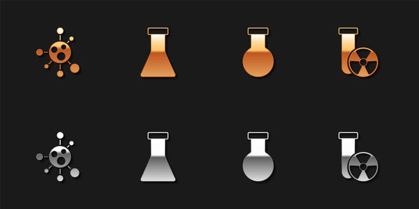 Set Molecule, Test tube and flask, and radiation icon. Vector