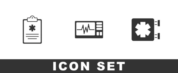 Set Klinische record, Monitor met cardiogram en medisch symbool van de Emergency icoon. Vector — Stockvector